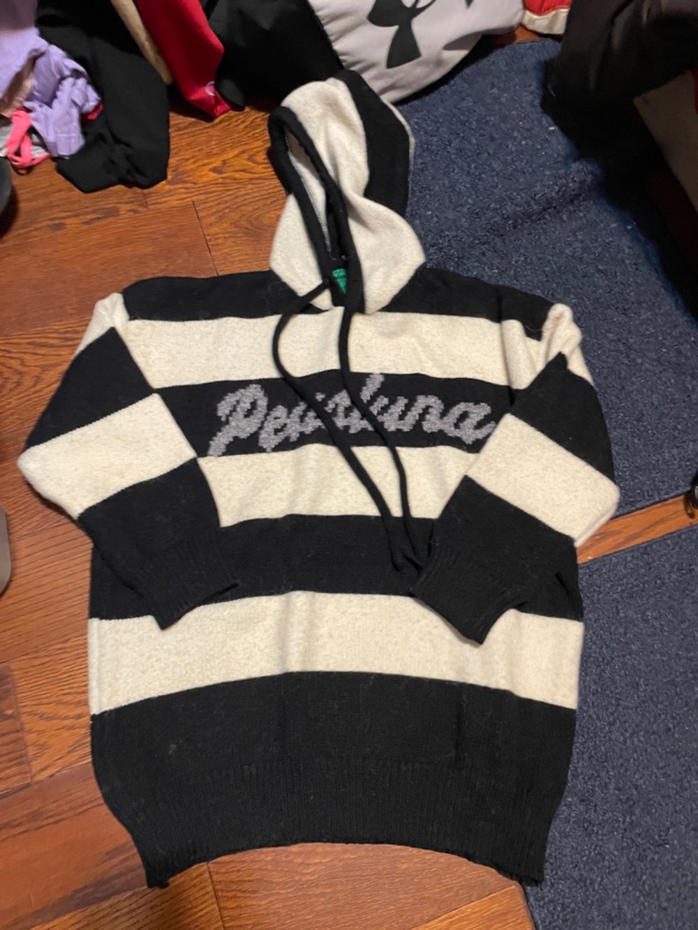 Striped Black and Cream Hooded Crewneck Sweater